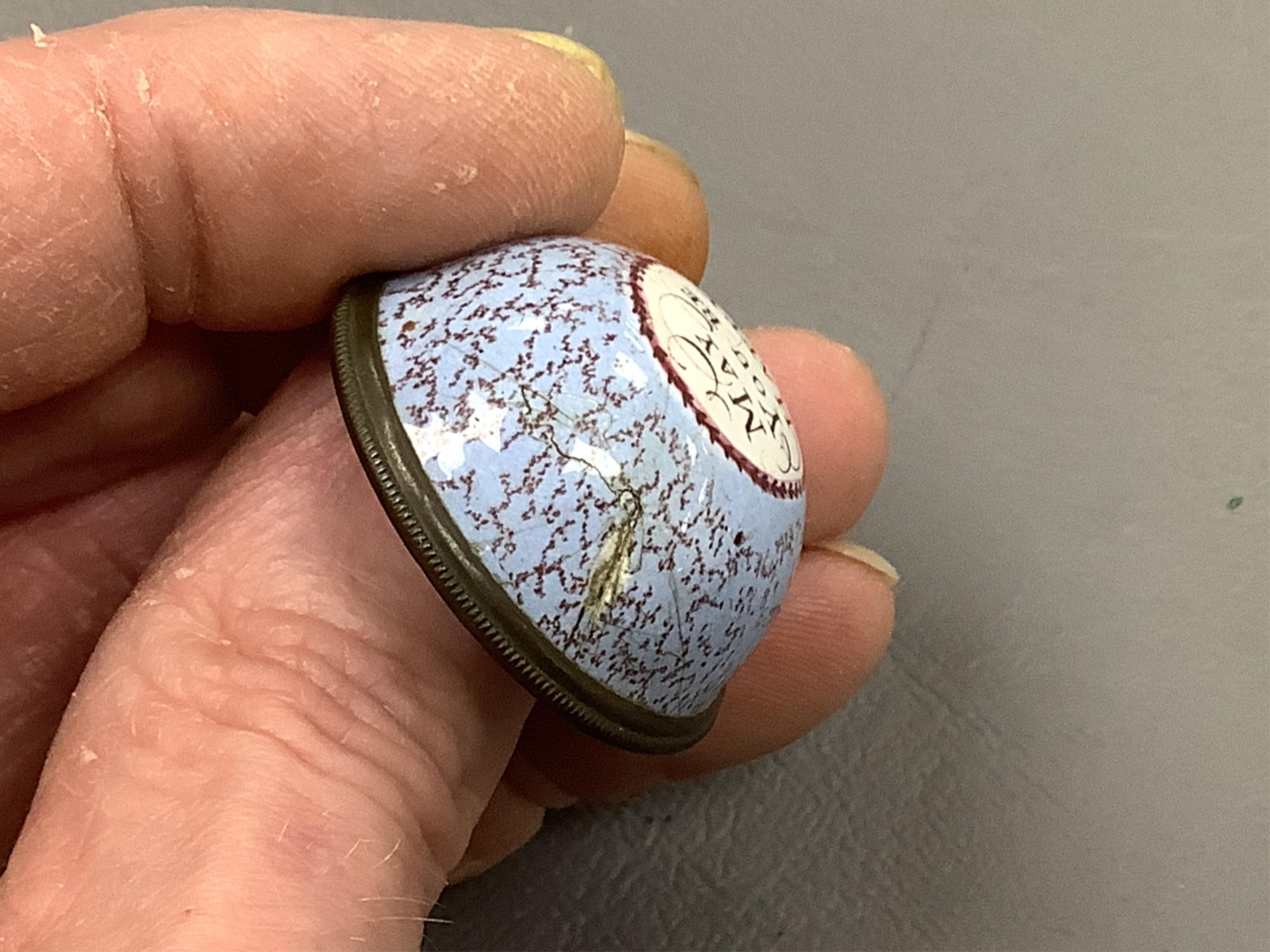A collection of seven late 18th / early 19th century South Staffordshire enamel patch and snuff boxes and a continental porcelain snuff box, Largest 3.5cm high (8)